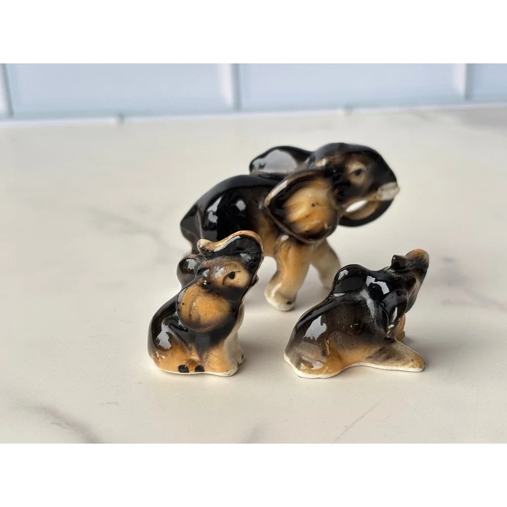 Vintage Miniature Bone China Elephant Family Figurines Set of 3 Brown Glazed